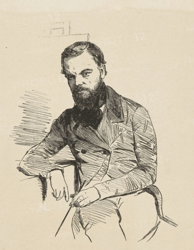 Portrait of Jan Weissenbruch, print, printmaker: Isaac Weissenbruch, Netherlands, 1840 - 1912, paper, wood engraving, height 156 mm x width 126 mm, Person, Jan Weissenbruch, portrait, self-portrait of artist, A monochrome pen drawing of a seated man with a beard and mustache, wearing a double-breasted coat with wide lapels and a dark cravat, his head tilted slightly and eyes looking forward, one arm resting on an armrest and the other hand holding a thin stick or cane, with hatched shading and sketch lines defining his clothing, face, and hands against a plain, lightly textured background.