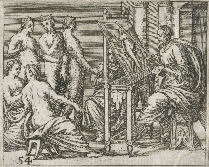 EX OPTIMIS PRAESTATIORES VITAE MAGISTROS IMITADOS, Artist painting from a nude model, Denis Lebey de Batilly, Emblemata, 1596, print, book illustration, cognizance, Series number, 54, 63, A painter sits at the easel in his workshop. He is painting from a nude model. A group of models are chatting in front of the easel., printmaker: Theodor de Bry, Frankfurt am Main, after drawing by Jean Jacques Boissard, writer (clerical worker), Hessen, paper, engraving, height 75 mm x width 85 mm, Frankfurt am Main: T. de Bry, 1596., artist's model, sitter, workshop, studio, painter, A black and white line engraving shows a seated bearded man draped in flowing robes on the right holding a brush and palette and facing a tilted easel with a small painted nude figure on it, while a group of nude figures to the left, some seated and some standing, look toward the easel; architectural elements including a fluted column and an arched opening appear behind the seated man, and the foreground includes the ea...
