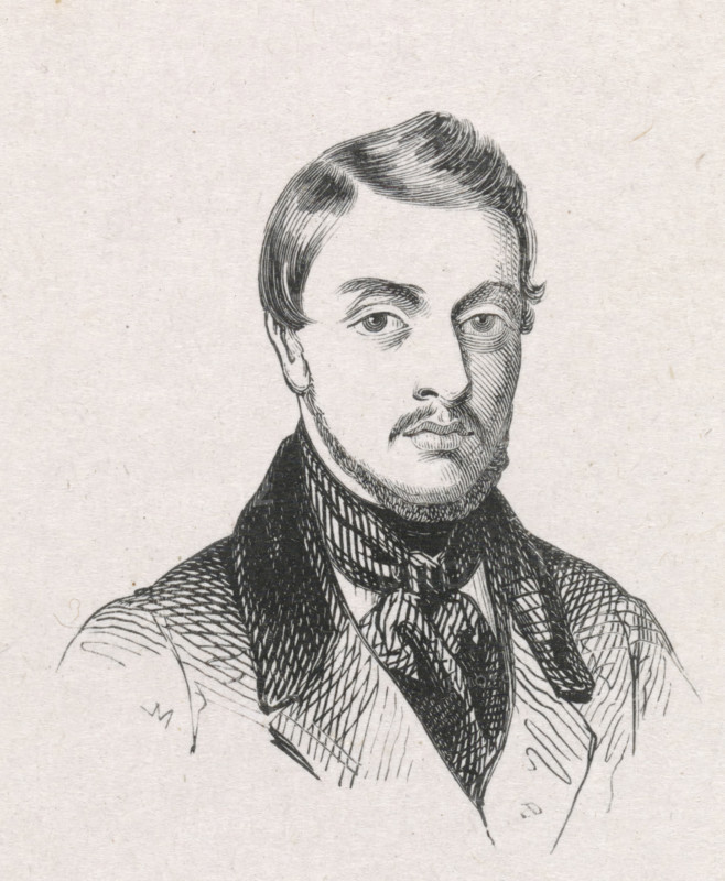 Portrait of Eduard de Biefve, print, printmaker: Monogrammist M (Germany), after drawing by Edouard De Biefve (possibly), 1841 - 1842, paper, wood engraving, height 49 mm x width 43 mm, Person, historical persons, portrait, self-portrait of artist, self-portrait of painter, self-portrait of draftsman, A black ink line drawing of a man from the shoulders up, showing a neatly combed hairstyle with a side part, arched eyebrows, almond-shaped eyes, a straight nose, a small mustache and a short beard along the jawline, and a high-collared coat with a patterned cravat; the portrait is set against a plain, textured paper background.