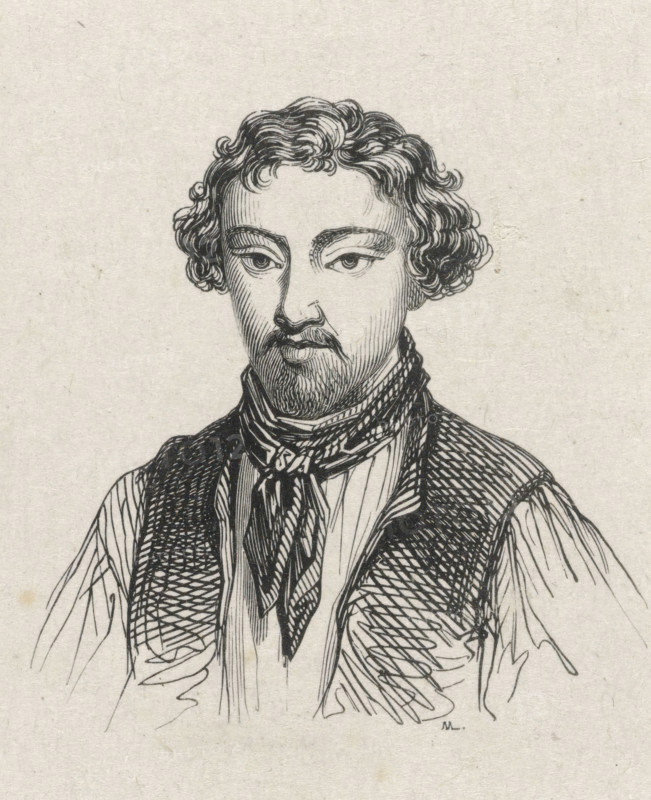 Portrait of Eugenius Frans de Block, print, printmaker: Monogrammist M (Germany), after drawing by Eugène François de Block, 1841 - 1842, paper, wood engraving, height 51 mm x width 50 mm, Person, historical persons, portrait, self-portrait of artist, self-portrait of painter, self-portrait of draftsman, A black ink line drawing of a person from the chest up on a light textured background, showing curly hair, arched eyebrows, almond-shaped eyes, a mustache and small beard, and a straight nose; the figure wears a collared shirt with vertical stripes, a patterned neckerchief tied at the throat, and a textured vest with crosshatched shading, with loose, sketchy lines suggesting the shoulders and clothing edges.