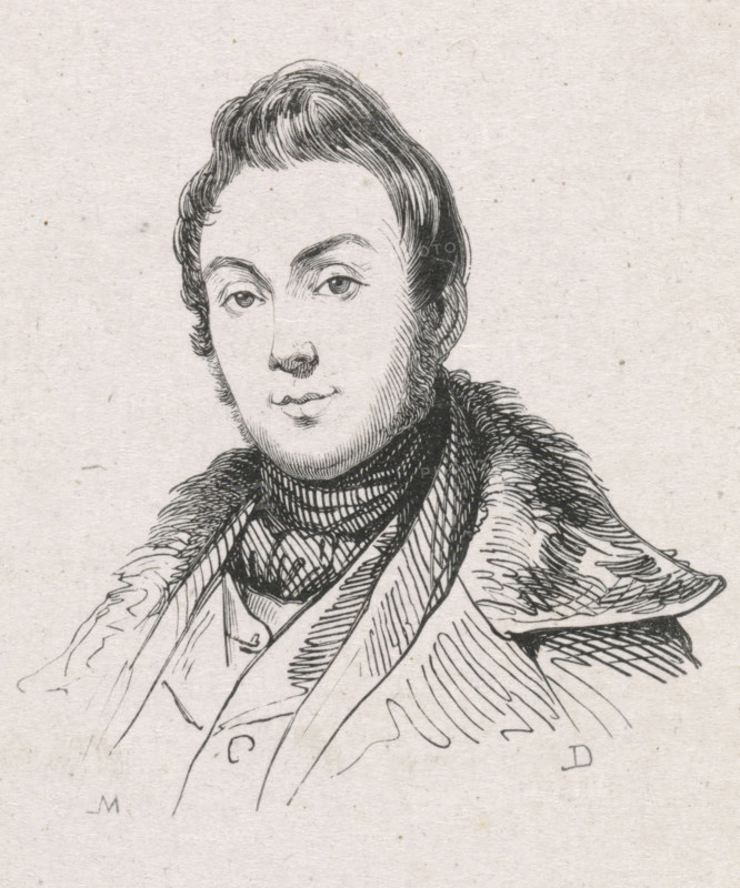 Portrait of Charles van Beveren, print, printmaker: Monogrammist M (Germany), after drawing by Henricus Wilhelmus Couwenberg, 1841 - 1842, paper, wood engraving, height 50 mm x width 46 mm, Person, Charles van Beveren, historical persons, portrait, self-portrait of artist, self-portrait of painter, self-portrait of draftsman, A black ink line drawing of a person from the chest upward wearing layered clothing, including a high collar, a scarf or cravat, and a coat with a fur-trimmed collar; the person has short, wavy hair styled away from the forehead, defined eyebrows, and a neutral facial expression with eyes looking slightly forward, a straight nose, and a small closed mouth; fine crosshatching and parallel lines provide shading on the face, hair, neck, and clothing, and the background is plain paper texture.