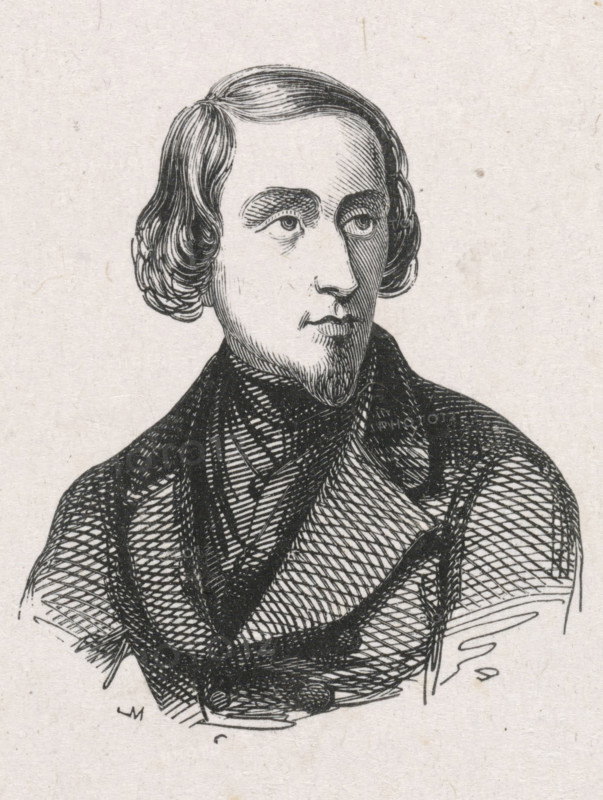 Portrait of Simon van den Berg, print, printmaker: Monogrammist M (Germany), after drawing by Simon van den Berg (possibly), after print by anonymous (possibly), 1841 - 1842, after print by, paper, wood engraving, height 52 mm x width 43 mm, Person, historical persons, portrait, self-portrait of artist, self-portrait of painter, self-portrait of draftsman, A black ink line drawing of a man shown from the chest up on a light textured background, with medium-length hair parted and curled at the sides, a narrow mustache and small pointed beard, high arched eyebrows, and eyes looking slightly to the side; he wears a dark patterned coat and a scarf or cravat with crosshatched shading and detailed linework on the clothing.