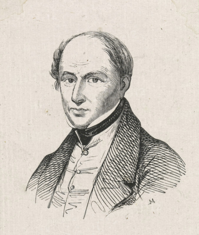 Portrait of Albertus Brondgeest, print, printmaker: Monogrammist M (Germany), after drawing by Coenraad Hamburger, 1841 - 1842, paper, wood engraving, height 53 mm x width 45 mm, Person, Albertus Brondgeest, historical persons, portrait, self-portrait of artist, self-portrait of painter, self-portrait of draftsman, A black ink line drawing of a man shown from the chest upward on an off-white textured background, with a receding hairline and short hair at the sides, arched eyebrows, deep-set eyes, a long straight nose, and closed lips; he wears a high-collared shirt with a cravat and a buttoned waistcoat beneath a textured overcoat with hatch-mark shading, and fine crosshatching and contour lines define facial features and clothing.