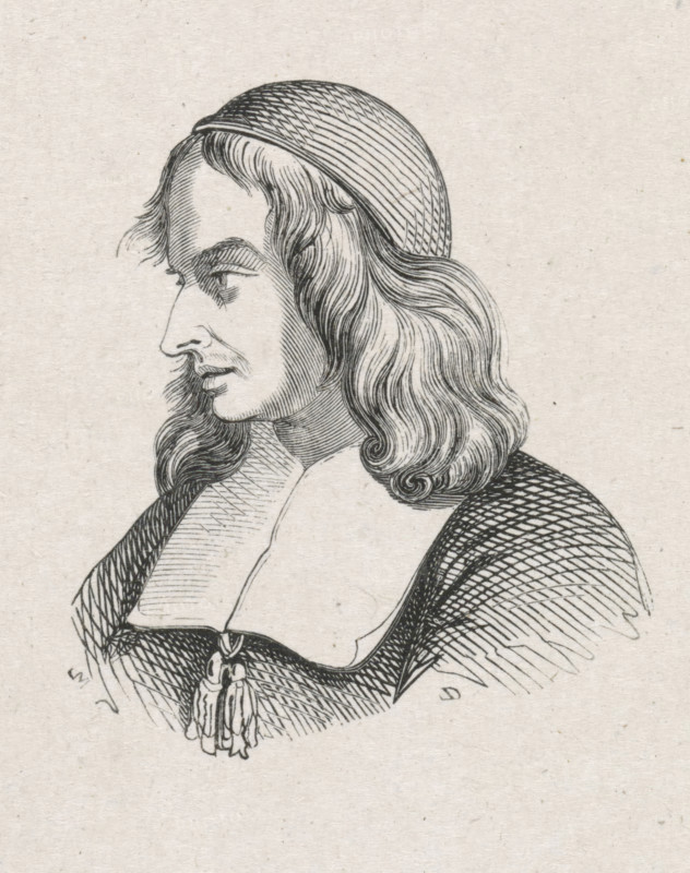Portrait of Jan de Bray, print, printmaker: Monogrammist M (Germany), after design by Dirck de Bray, 1841 - 1842, paper, wood engraving, height 47 mm x width 40 mm, print after drawing?, Person, Jan de Bray, historical persons, portrait, self-portrait of artist, self-portrait of painter, self-portrait of draughtsman, A black and white line drawing of a person in profile facing left, showing a long face with a prominent nose, a mustache and a small beard on the chin, and long wavy hair that falls past the shoulders; the person wears a rounded cap with parallel hatch lines and a garment with a wide collar and textured sleeves, and a decorative tassel hanging at the front of the chest, all rendered on a light textured background.