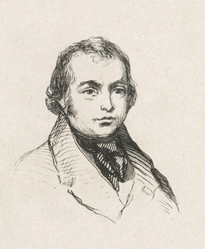 Portrait of Ferdinand de Braekeleer de Oude, print, after drawing by anonymous, 1841 - 1842, printmaker, paper, wood engraving, height 48 mm x width 43 mm, Person, Ferdinand De Braekeleer (I), historical persons, portrait, self-portrait or artist, self-portrait or painter, self-portrait or draftsman, A black ink line drawing of a person shown from the shoulders up on a textured light background, with wavy dark hair, arched eyebrows, large eyes, a straight nose, and closed lips; the figure wears a high-collared garment and a patterned scarf or cravat, with visible crosshatching and fine line shading on the face, hair, and clothing.