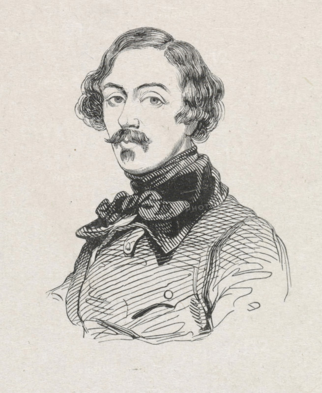 Portrait of Ludovicus Antonius Carolus, print, printmaker: Monogrammist D, after drawing by Coenraad Hamburger (possibly), 1842, paper, wood engraving, height 51 mm x width 40 mm, Person, Louis Antoine Carolus, historical persons, portrait, self-portrait of artist, self-portrait of painter, self-portrait of draftsman, A black ink line drawing of a man from the chest up on a textured light background, showing a face with wavy hair, a narrow mustache and small pointed beard, arched eyebrows and eyes looking slightly to the side, a high collar or scarf wrapped around the neck, a bow or tied neckcloth, and a textured jacket with visible stitching and shading lines.