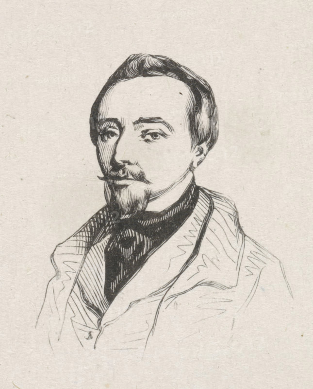 Portrait of Jean Pierre Cluysenaar, print, after drawing by anonymous, 1841 - 1842, printmaker, paper, wood engraving, height 45 mm x width 40 mm, Person, Jean Pierre Cluysenaar, historical persons, portrait, self-portrait of artist, self-portrait of painter, self-portrait of draughtsman, A black ink line drawing of a man shown from the chest up on a light textured background, with neatly combed hair, a mustache and pointed beard, arched eyebrows, and a composed facial expression; he wears a high-collared shirt and a jacket with visible lapels and patterned shading, and crosshatched lines define shadows on his face, neck, and clothing.