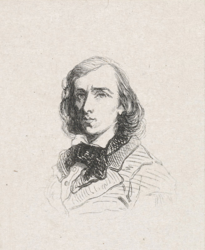 Portrait of Guillaume Anne van der Brugghen, print, after drawing by anonymous, 1841 - 1842, printmaker, paper, wood engraving, height 43 mm x width 35 mm, Person, Guillaume Anne van der Brugghen, historical persons, portrait, self-portrait of artist, self-portrait or painter, self-portrait or draughtsman, A black ink sketch on textured pale paper showing an upper-body portrait of a person with shoulder-length wavy hair, a contemplative facial expression, and shaded features; the figure wears a high-collared garment with layered clothing and a patterned scarf or neckpiece, drawn with cross-hatching and varied line work, leaving much of the lower clothing and background lightly sketched or blank.