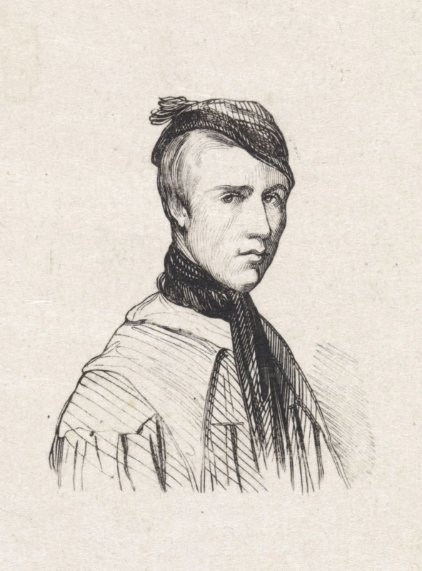 Self-portrait, print, printmaker: Adolphe Alexandre Dillens, 1841 - 1842, paper, wood engraving, height 41 mm x width 38 mm, Person, historical persons, portrait, self-portrait of artist, self-portrait of painter, self-portrait of draftsman, A black ink line drawing of a person from the chest up on a pale textured background, showing a short-haired face turned slightly to the side with a neutral expression, a close-fitting hat with a small decorative knot on top, and a dark scarf wrapped around the neck that hangs down over a garment with visible folds and striped shading.