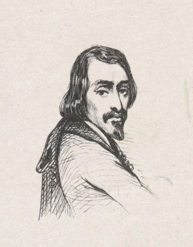 Portrait of François André Durlet, print, after drawing by Franciscus Andreas Durlet, 1841 - 1842, printmaker, paper, wood engraving, height 43 mm x width 30 mm, Person, historical persons, portrait, self-portrait of artist, self-portrait of painter, self-portrait of draftsman, A black ink drawing on textured off-white paper showing a three-quarter view of a man from the shoulders up, with medium-length dark hair parted and falling to his collar, a mustache and goatee, arched eyebrows, and a contemplative gaze; he wears a cloak or coat with visible button details and crosshatched shading on the fabric, and the background is plain paper texture.