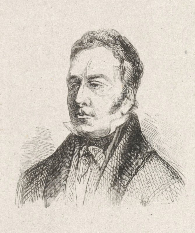 Portrait of Petrus Jacobus Goetghebuur, print, after drawing by anonymous, 1841 - 1842, printmaker, paper, wood engraving, height 48 mm x width 45 mm, Person, Pierre Jacques Goetghebuer, historical persons, portrait, self-portrait of artist, self-portrait of painter, self-portrait of draughtsman, A monochrome ink illustration shows the head and upper torso of a clean-shaven man with wavy hair combed back, sideburns, and a high forehead; he wears a high-collared coat over a cravat and vest, and his face is rendered with fine cross-hatching and contour lines conveying shadows and facial features, set against a textured blank background.