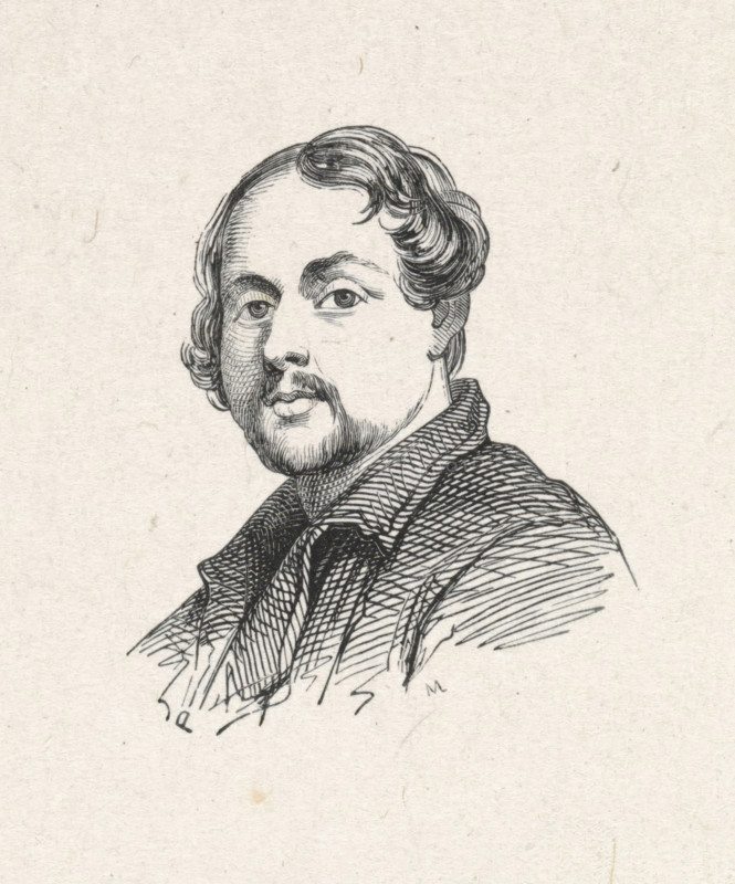 Portrait of Karel-Hendrik Geerts, print, after drawing by anonymous, 1840 - 1842, printmaker, paper, wood engraving, height 44 mm x width 37 mm, Person, Karel-Hendrik Geerts, historical persons, portrait, self-portrait of artist, self-portrait or painter, self-portrait or draughtsman, A black ink line drawing of a man shown from the shoulders up, facing slightly to the viewer's left, with wavy hair styled away from the forehead and sideburns that blend into a short beard and mustache; his eyes look forward with a neutral expression, and his clothing consists of a collared coat or jacket with visible textured crosshatching and layered fabric folds, all rendered on a light, textured paper background.