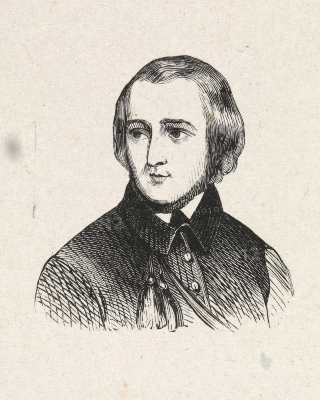 Portrait of Willem Geefs, print, after drawing by anonymous, 1840 - 1842, printmaker, paper, wood engraving, height 47 mm x width 44 mm, Person, Willem Geefs, historical persons, portrait, self-portrait of artist, self-portrait of painter, self-portrait or draftsman, A black and white line drawing of a young person shown from the chest up, facing slightly to one side with a neutral expression, straight hair parted and falling to just above the shoulders, detailed crosshatched shading on the hair and clothing, a high collared garment with visible buttons and decorative tassels, and a textured paper background.