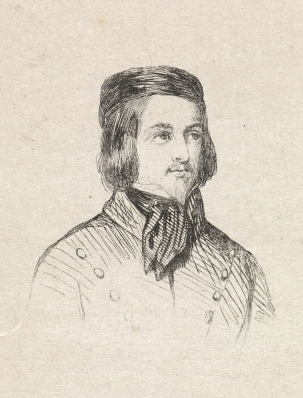 Portrait of Aloysius Geefs, print, after drawing by anonymous, 1841 - 1842, printmaker, paper, wood engraving, height 46 mm x width 40 mm, Person, Aloysius Geefs, historical persons, portrait, self-portrait of artist, self-portrait of painter, self-portrait of draughtsman, A black ink line drawing of a man shown from the chest up on a textured light paper background, wearing a rounded cap and medium-length hair that frames his face, with a small pointed beard and mustache; his eyes look slightly to one side and his expression is neutral, and he wears a high-collared coat with a patterned scarf or cravat at the neck and rows of buttons on the front and shoulder.