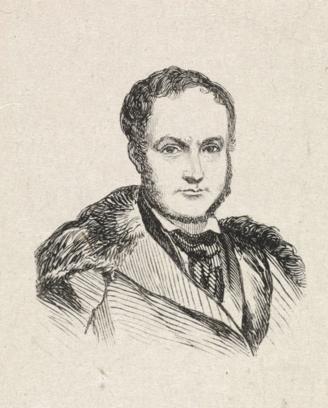 Portrait of Henri Van der Haert, print, after drawing by Henri Van der Haert (possibly), 1840 - 1842, printmaker, paper, wood engraving, height 49 mm x width 44 mm, Person, historical persons, portrait, self-portrait of artist, self-portrait of painter, self-portrait of draftsman, A black ink line drawing shows a man from the chest upward against a plain textured background. He has short wavy hair and sideburns framing a clean-shaven face with a composed expression and detailed eyes and brows. He wears a high-collared shirt with a dark cravat and an overcoat that has a fur-trimmed collar, the fur and fabric rendered with dense hatching and crosshatching strokes. The overall style is sketchlike with visible pen lines and shading on the clothing and face.