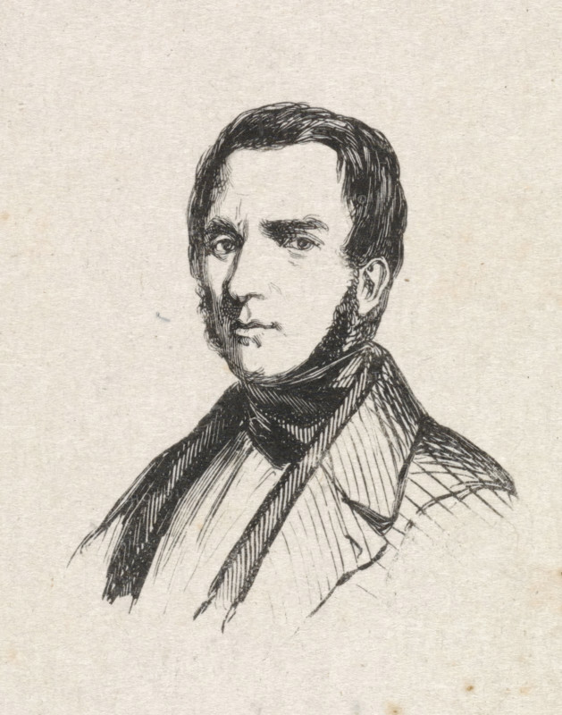 Portrait of George Gillis Haanen, print, after drawing by anonymous, 1840 - 1842, printmaker, paper, wood engraving, height 44 mm x width 38 mm, Person, George Gillis Haanen, historical persons, portrait, self-portrait of artist, self-portrait of painter, self-portrait of draughtsman, A black ink sketch of a man's head and upper torso on a textured light paper background, showing short dark hair, sideburns, a high forehead, arched eyebrows, and detailed eyes and nose, with a closed mouth and a slight shadowed chin, wearing a dark scarf or cravat and a collared coat with visible lapel and patterned shading lines.