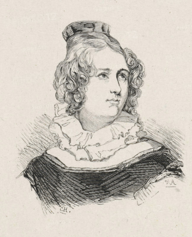 Portrait of Charlotte Hay, print, printmaker: Monogrammist CH, VA, after design by Coenraad Hamburger, 1842, paper, wood engraving, height 64 mm x width 56 mm, Person, Charlotte Hay, portrait, self-portrait of artist, self-portrait of painter, historical persons - BB - woman, self-portrait of draftsman, A detailed black and white line drawing of a person shown from the shoulders up, facing slightly to the viewer's right, with wavy hair styled into tight curls around the face and a small rounded cap on top; the face has softly rendered features with focused eyes, a straight nose, and closed lips; the clothing includes a high ruffled collar and a dark textured garment with crosshatched shading; the background is plain with faint paper texture.