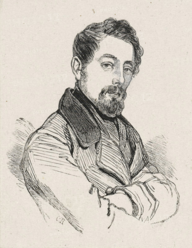 Portrait of Laurent Joseph Hart, print, printmaker: Monogrammist CR (19th century), after drawing by anonymous, 1840 - 1842, paper, wood engraving, height 68 mm x width 56 mm, Person, Laurent Joseph Hart, historical persons, portrait, self-portrait of artist, self-portrait of painter, self-portrait of draftsman, A black ink line drawing of a man shown from the chest up, facing slightly to the viewer's right, with short wavy hair and a full beard and mustache, wearing a dark high-collared coat over layered clothing, his arms crossed in front of him, rendered on a textured light background with visible pen strokes and fine hatching.