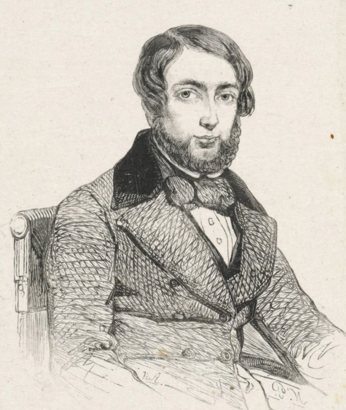 Portrait of Johan Coenraad Hamburger, print, printmaker: Monogrammist NP (Netherlands), after design by Nicolaas Pieneman, 1840 - 1842, paper, wood engraving, height 85 mm x width 72 mm, Person, Coenraad Hamburger, historical persons, portrait, self-portrait of artist, self-portrait of painter, self-portrait of draftsman, A black and white ink portrait of a seated man shown from the waist up wearing a patterned double-breasted coat with wide dark lapels, a high-collared shirt, and a large bow tie; he has neatly combed hair with a side part, a full beard and mustache, and a composed facial expression while resting one arm on the back of a carved wooden chair visible at the image edge.