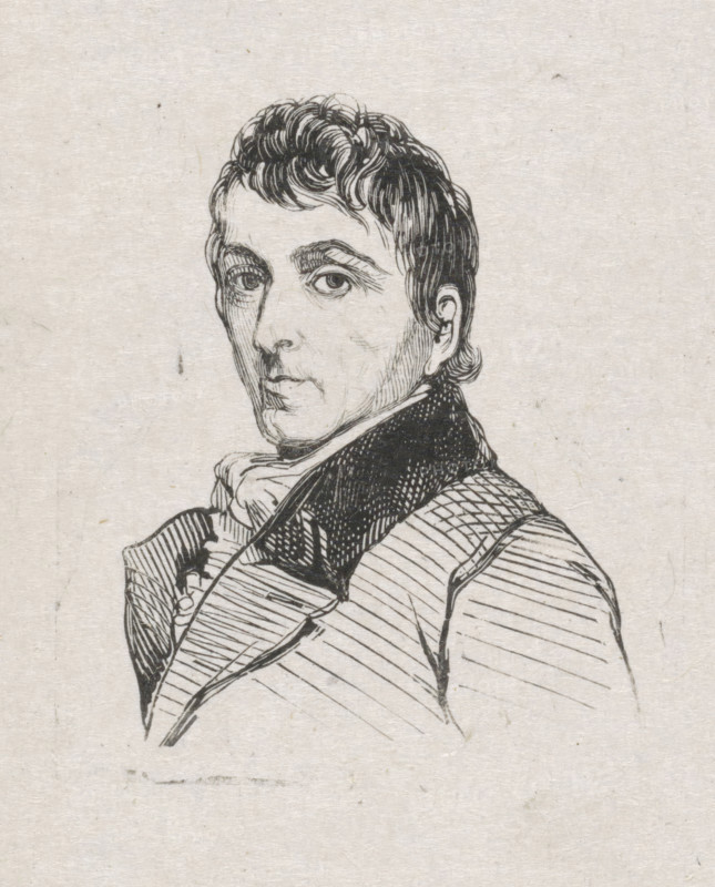 Portrait of Charles Howard Hodges, print, after drawing by anonymous, 1841 - 1842, printmaker, paper, wood engraving, height 46 mm x width 37 mm, Person, Charles Howard Hodges, historical persons, portrait, self-portrait of artist, self-portrait of painter, self-portrait or draftsman, A black and white ink drawing of a man shown from the chest up facing slightly to the viewer's left, with short wavy hair, arched eyebrows, and a steady gaze, wearing a high-collared coat and a cravat, the coat rendered with parallel hatching and textured shading, on a lightly textured, off-white paper background.