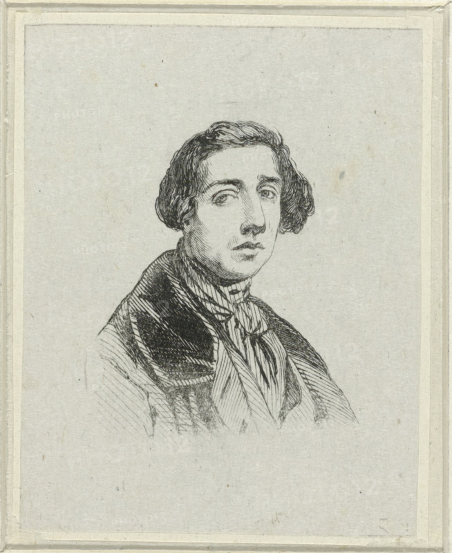 Portrait of Jacob Jacobs, print, printmaker: Jacob Jacobs, 1841 - 1842, paper, wood engraving, height 43 mm x width 38 mm, Person, historical persons, portrait, self-portrait of artist, self-portrait of painter, self-portrait of draftsman, A black ink portrait sketch of a person from the chest up on light textured paper framed by a double border, showing short wavy hair, arched eyebrows, and a neutral expression with slightly parted lips; the figure wears a high-collared garment with a patterned scarf or cravat and a dark outer coat rendered with closely spaced hatching, while the background remains plain and unadorned.
