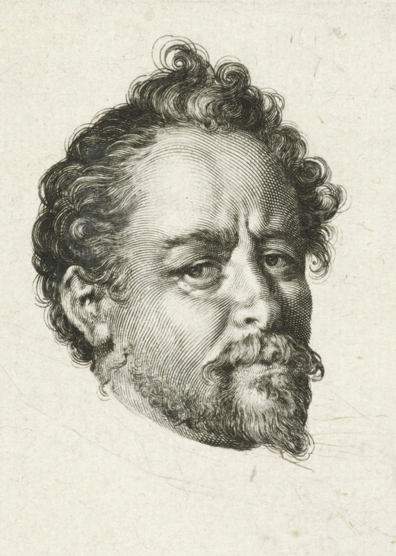 Portrait of Bartholomeus Spranger, print, Portrait of painter and printmaker Bartholomeus Spranger., printmaker: Jan Harmensz. Muller, Amsterdam, after painting by Hans von Aachen, 1597, paper, engraving, drypoint, engraving and drypoint, proof print, height 95 mm x width 70 mm, Person, Bartholomeus Spranger, portrait, self-portrait of artist, A detailed black and white engraved head of a man with curly hair and a full beard, showing a high forehead, furrowed brow, expressive eyes looking slightly to the side, a prominent nose, and tightly curled hair at the temples and crown, all rendered with fine parallel and cross-hatched lines on a lightly textured, aged paper background.