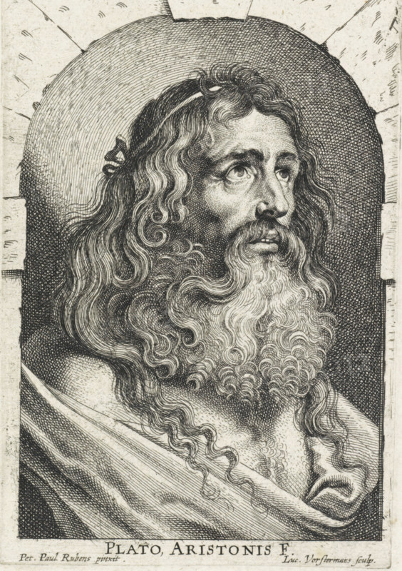 Bust of Plato in a niche, print, printmaker: Lucas Vorsterman (I), Antwerp, after painting by Peter Paul Rubens, 1619 - 1675, paper, etching, engraving, etching and engraving, height 136 mm x width 92 mm, male persons from classical history (PLATO), A detailed black and white engraved portrait of an older man shown from the chest up, facing slightly to the viewer's right, with long wavy hair and a full curly beard extending over his chest; his eyes gaze upward and his facial features are rendered with fine lines and crosshatching that show texture and shadow; he wears a draped garment across one shoulder and a simple headband, and a rounded arch frames his head with densely hatched shading behind it.