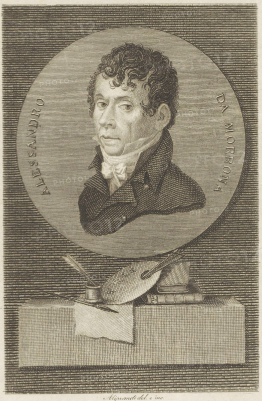 Portrait of writer and artist Alessandro da Morrona, print, book illustration, Portrait of writer and artist Alessandro da Morrona in a circle with his name. Below the portrait writing and painting attributes., printmaker: Giacomo Aliprandi, Italy, in or before 1812, paper, engraving, gravure, height 165 mm, width 118 mm, Print used for Da Morrona, Alessandro, Pisa illustrata nelle arti del disegno, Livorno: Presso Giovanni Marenigh 1812., Person, Alessandro da Morrona, portrait of a writer, A monochrome engraved portrait of a man shown from the shoulders up inside a large circular frame, with short curly hair and a high-collared coat over a cravat, his face turned slightly to one side with a neutral expression; the circular frame sits against a textured background of horizontal lines, and below it on a ledge are an artist’s palette with a brush resting across it, an inkwell with a quill, a folded sheet of paper draped over the ledge, and a stack of books.
