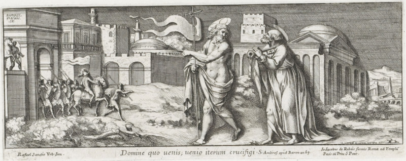 Christ Appears to Peter, Domine quo uenis, uenio iterum crucifigi, Representations by Raphael in the Vatican, print, Christ Appears to Peter After the Resurrection (Domine Quo Vadis). Christ holds a cross with a banner and Peter a large key. In the background soldiers and architecture. Title and reference to Bible text in the bottom margin., printmaker: Pietro Sante Bartoli, Italy, after design by Raphael, Vatican City, publisher: Giovanni Giacomo de' Rossi, Rome, grantor of privilege: Papal Court, 1645 - 1700, Pietro Sante Bartoli, Raphael, Giovanni Giacomo de' Rossi, Papal Court, grantor of privilege, paper, etching, engraving, etching and engraving, height 104 mm x width 266 mm, A wide black and white engraving shows a classical cityscape with arched buildings, towers, and domes stretching across the background. In the foreground two robed male figures stand on a slightly rocky ground; one is partially draped, holding a long staff and a pole bearing a flowing banner, the other wears...
