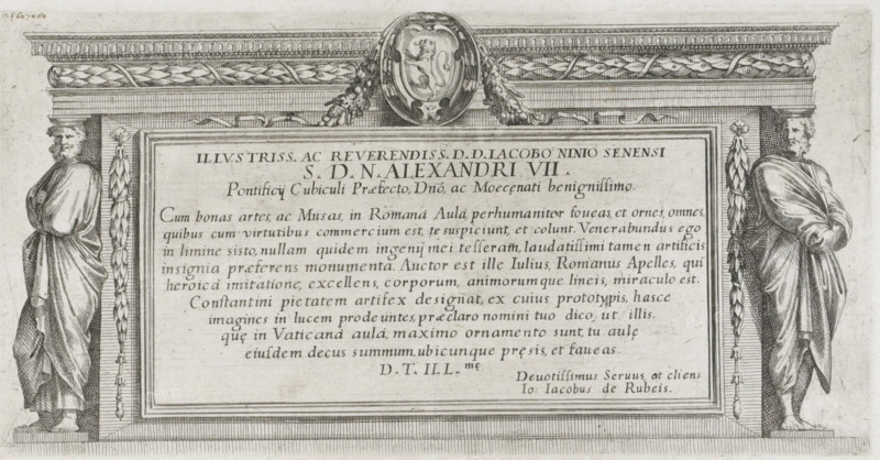 Title print with two male caryatids, History of Emperor Constantine, print, title print, Title print with two male caryatids supporting a cornice. Center above a coat of arms with a lion. In the center a text box with text in Latin., number: '12f607080', printmaker: Pietro Sante Bartoli, Italy, after design by Giulio Romano, publisher: Giovanni Giacomo de' Rossi, Rome, dedicated to: Alexander VII, 1645 - 1700, Pietro Sante Bartoli, Giulio Romano, Giovanni Giacomo de' Rossi, Alexander VII, paper, etching, engraving, etching and engraving, height 133 mm x width 258 mm, Person, Constantine the Great (Emperor of the Roman Empire), beasts of prey, predatory animals: lion, caryatids, architecture, A rectangular stone plaque set within an ornate architectural frame flanked by two robed statues standing on pedestals, each statue draped in flowing garments with one arm crossed over the body and the other resting by the side, both figures shown in profile facing inward; the frame features carved...