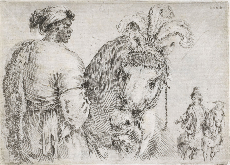 African man with a turban leads a horse, in the background a man on horseback, Dark man with a turban leads a horse, print, printmaker: Stefano della Bella, 1620 - 1664, paper, etching, intaglio printmaking technique, etching with plate tone, height 82 mm x width 115 mm, head-gear: turban, horse, riding a horse, ass, or mule, rider, horseman, Africans, persons of African origin, A detailed black and white line drawing shows a large horse in the center viewed from the front and slightly turned, with a textured mane and ornamental plumes rising above its head and a visible bridle and chain. To the left a person stands with their back mostly toward the viewer, wearing a loose robe and a headwrap or turban, the figure rendered with fine hatch lines and textured shading. To the right a smaller figure on horseback is visible, also wearing loose clothing and a head covering, with the horse shown in profile. The background is plain and the overall image is composed of delicate, linear etching ...