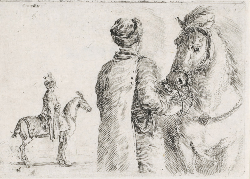 Polish servant holds horse by the reins, in the background a man on horseback, print, printmaker: Stefano della Bella, 1620 - 1664, paper, etching, intaglio printmaking technique, etching with plate tone, height 80 mm x width 114 mm, horse, riding a horse, ass, or mule, rider, horseman, Europeans, A pen-and-ink drawing showing a person seen from behind wearing a wrapped head covering and a long coat, facing a large horse whose head fills the right side of the image and whose bridle and reins are rendered in fine lines; the person appears to hold the horse's reins near its bit. To the left a smaller horse with a rider wearing a tall decorative headpiece is drawn in profile. The background is mostly blank paper with light sketch marks and faint shading around the central figures, and the entire composition is made up of delicate crosshatching and linear ink strokes.