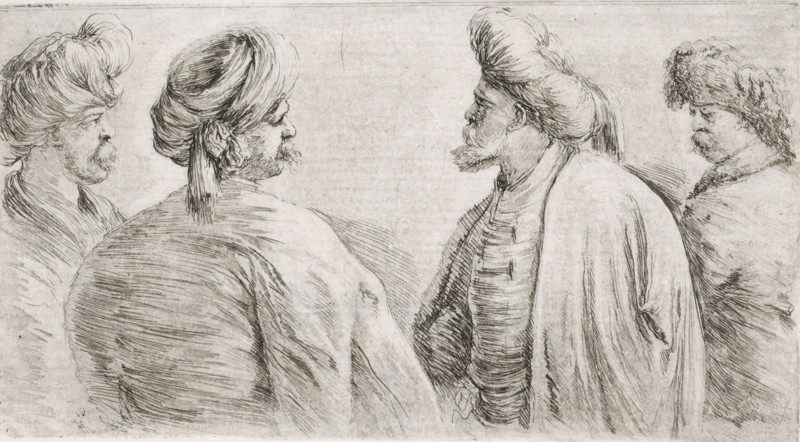 Four Turkish men with moustaches and turbans, print, printmaker: Stefano della Bella, 1620 - 1664, paper, etching, intaglio printmaking technique, etching with plate tone, height 77 mm x width 144 mm, head-gear: turban, Asiatic races and peoples: Turks, old man, moustache, A monochrome sketch showing four men in profile and three-quarter views, each wearing head coverings and loose outer garments; the two central figures face each other with visible facial hair and wrapped turbans, the figure on the far left is shown in partial profile with a high, rounded turban and a mustache, and the figure on the far right wears a textured, fur-like cap and a cloak. The drawing is rendered with fine, hatched lines and shading that define folds in the cloth, hair texture, and facial features, set against a plain, lightly textured background.