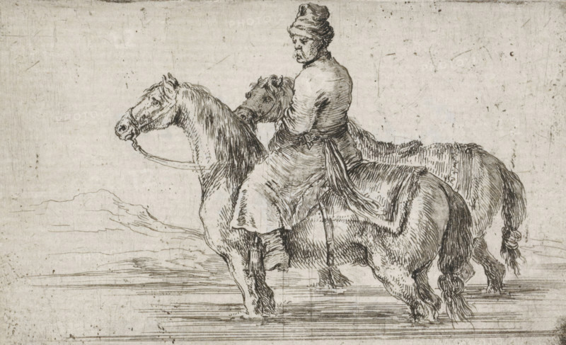 Polish servant bathing two horses, print, printmaker: Stefano della Bella, 1620 - 1664, paper, etching, intaglio printmaking technique, etching with plate tone, height 77 mm x width 122 mm, horse, washing and bathing, servant - AA - chambermaid, A monochrome line drawing showing a person seated on a horse, wearing a wrapped head covering and layered clothing with a sash at the waist, holding the reins of a second horse positioned beside and slightly behind the mounted animal; both horses are depicted with detailed manes, bridles, and tails, and the scene includes a lightly sketched ground and distant, faint outlines suggesting terrain against a textured, lightly speckled background.