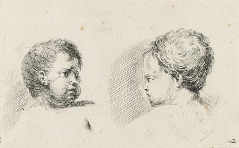 Two heads of children, one seen from the back, Drawing examples for portraits, Collection of various pieces serving the art of portraiture, print, Series number, 2, 38, printmaker: Stefano della Bella, France, publisher: François Langlois, Paris, grantor of privilege: French Crown, 1620 - 1647, paper, etching, height 86 mm x width 136 mm, A drawing of two child heads in profile facing each other, rendered in fine ink lines on a textured, aged paper background; both heads show curly hair with detailed strokes, rounded cheeks, and subtle shading on the necks and faces, while the left figure appears fuller in the jaw and has short curls over the forehead, and the right figure displays smoother contours with diagonal hatching behind it and lighter facial shading.