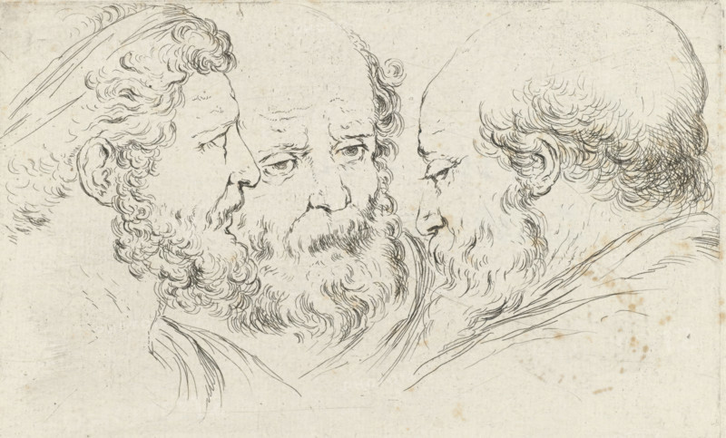 Three heads of philosophers, Collection of various pieces serving the art of portraiture, Drawing examples for portraits, print, printmaker: Stefano della Bella, France, publisher: François Langlois, Paris, grantor of privilege: French Crown, 1620 - 1647, paper, etching, height 85 mm x width 138 mm, A monochrome line drawing of three bearded male heads in close proximity, the central face shown frontally with a full curly beard and downward gaze, the left face in profile facing inward with tightly curled hair and a beard, and the right face in three-quarter view with a receding hairline and thinner beard; all heads are rendered with fine flowing contour lines and cross-hatching, set against a lightly textured pale background with small subtle stains.