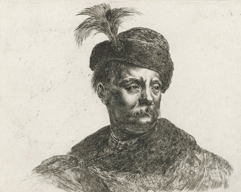 Bust of a Polish man with moustache and feathered cap, The principles of drawing, I principii del disegno, print, Series number, 21, 25, printmaker: Stefano della Bella, France, publisher: Pierre Mariette (II), Paris, grantor of privilege: French crown, 1620 - 1664, paper, etching, height 118 mm x width 152 mm, old man, Europeans, moustache, head-gear: hat (feathers used for clothes), A black and white etched portrait of a man shown from the shoulders up wearing a rounded fur hat topped with a tall plume of feathers, a thick mustache and short beard, detailed facial features with visible eyes looking slightly to the side, textured clothing with a fur-lined cloak draped over one shoulder fastened by a decorative clasp, and a plain textured background.