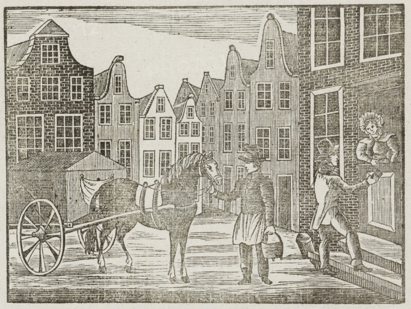 New Year's greeting from the Amsterdam ash cart men for the year 1844, Ash Cart New Year's Greeting, 1844, print, New Year's greeting, New Year's greeting on behalf of the ash cart men (cart man or garbage collector) in Amsterdam for the year 1844. View of a street in Amsterdam with a man standing with an ash bucket by the cart while another man collects money door-to-door. At the bottom, a poem in two columns. On behalf of JD Farjon, the ash cart man of district no. 19., printmaker, printer (person), Amsterdam, Netherlands, paper, letterpress printing, woodcut, text in letterpress with image in woodcut, height 338 mm x width 205 mm, garbage collection, public road - II - ideal city, Period, A street scene in a monochrome engraving showing tall narrow buildings with stepped and curved gables and many multi-paned windows lining the background, a horse harnessed to a covered cart with large spoked wheel standing on the street, a person in period clothing holding the horse’s bridle and ca...