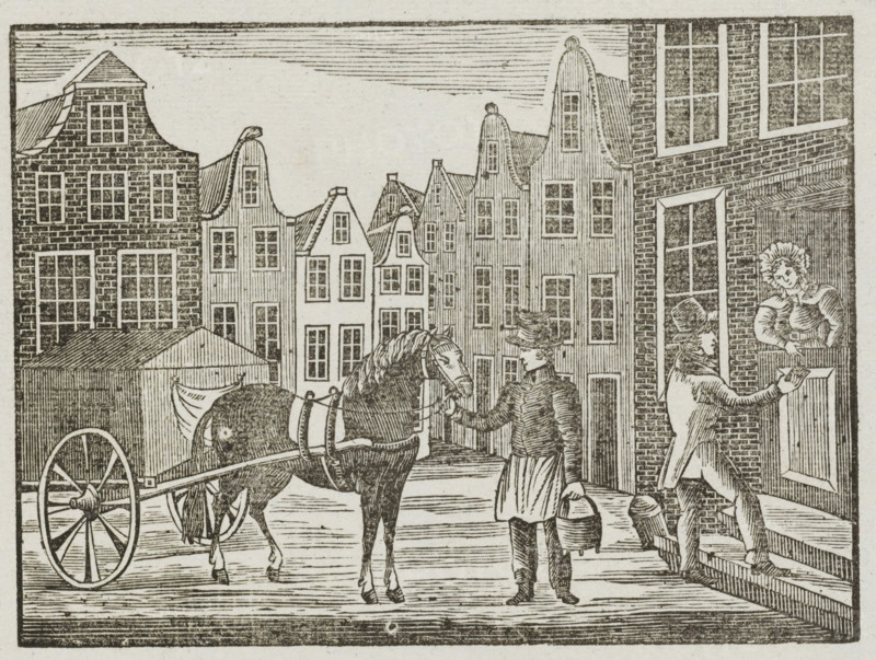 Asch-Karmans Kermis-Wensch, 1843, Fair print of the Amsterdam ash cart men for the year 1843, print, fair print, Fair print on behalf of the ash cart men (cart man or garbage collector) in Amsterdam for the year 1843. View of a street in Amsterdam with a man standing with an ash bucket by the cart while another man collects money door-to-door. At the bottom, a poem in two columns. On behalf of JD Farjon, the ash cart man of district no. 19., printmaker, printer (person), Amsterdam, paper, letterpress printing, woodcut, text in letterpress with image in woodcut, height 341 mm x width 210 mm, garbage collection, public road - II - ideal city, Period, A black and white illustration of a street scene with tall narrow buildings featuring stepped and curved gables lining the background, a horse harnessed to a covered cart with large spoked wheels standing in the foreground, a person holding the horse's reins and carrying pails, another person wearing a tall hat reaching toward a woman leanin...