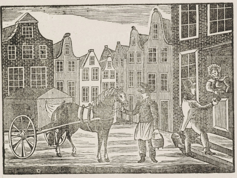 Asch-Karmans Kermis-Wensch, 1844, Fair print of the Amsterdam ash cart men for the year 1844, print, fair print, Fair print on behalf of the ash cart men (cart man or garbage collector) in Amsterdam for the year 1844. View of a street in Amsterdam with a man standing with an ash bucket by the cart while another man collects money door-to-door. At the bottom, a poem in two columns. On behalf of JD Farjon, the ash cart man of district no. 19., printmaker, printer (person), Amsterdam, paper, letterpress printing, woodcut, text in letterpress with image in woodcut, height 335 mm x width 210 mm, garbage collection, public road - II - ideal city, Period, A black and white woodcut scene shows a street lined with tall narrow buildings with stepped and curved gables and many small windows; a cart with a large spoked wheel is attached to a harnessed horse standing in the street; a person wearing a hat and a long skirt holds the horse’s bridle and carries a pail in one hand; another person is par...