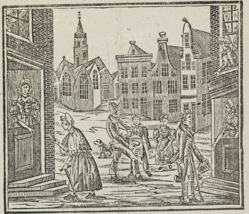 New Year's greeting from the Amsterdam wake-up callers for the year 1849, New Year's greeting, to my Highly Esteemed Benefactors, 1849, print, New Year's greeting from the Amsterdam wake-up callers for the year 1849. View of an Amsterdam square with a church and houses where a man and a woman are collecting money door-to-door. With a verse in two columns., printmaker, printer (person), Amsterdam, paper, letterpress printing, woodcut, text in letterpress with image in woodcut, height 345 mm x width 212 mm, government services, public services, waking up, canals, waters (in city) - II - ideal city, Period, A detailed black and white woodcut scene shows a street framed by tall buildings with stepped roofs and a church tower in the background; people in period clothing occupy the street, including a woman with a walking stick moving down steps, a man bending toward a small box or chest, seated children, and other standing figures with hats and cloaks; a small dog walks beside one figure; w...
