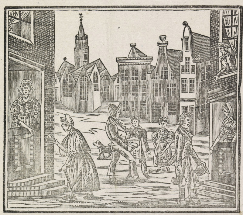 New Year's Greeting of Goodness and Blessing, to my Highly Esteemed Benefactors, 1850, New Year's greeting from the Amsterdam knockers for the year 1850, print, New Year's greeting, New Year's greeting from the Amsterdam knockers (wakers) for the year 1850. View of an Amsterdam square with a church and houses where a man and a woman are collecting money door-to-door. With a verse in two columns., printmaker, printer (person), Amsterdam, paper, letterpress printing, woodcut, text in letterpress with image in woodcut, height 343 mm x width 218 mm, government services, public services, waking up, canals, waters (in city) - II - ideal city, Period, A black and white woodcut scene framed by a border shows a street flanked by tall buildings with detailed brickwork and windows, a church spire rising among steeply pitched roofs in the background, and rows of narrow, gabled facades. Several figures in period clothing occupy the street, including a woman standing at a doorway on the left, anothe...