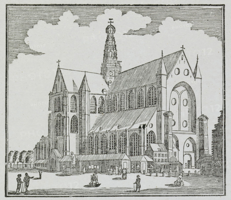 New Year's greeting from the city trumpeters of Haarlem for the year 1841, New Year's Wish, by Your Honor, Servants of the City Trumpeters, 1841, print, New Year's wish, New Year's wish from the Haarlem tower watchmen (city trumpeters) for the year 1841. View of the Grote Markt in Haarlem with a tower watchman on the tower of St. Bavo. With a verse in two columns., printmaker, Haarlem, paper, letterpress printing, woodcut, woodcut with text in letterpress, height 425 mm x width 340 mm, street, church (exterior), tower sentry, St. Bavo Church (Haarlem), Period, A detailed black and white line drawing of a large Gothic-style cathedral with tall pointed arches, steeply pitched roofs, and a multi-tiered ornate tower rising behind the main structure, flanked by smaller spires and buttresses; the facade shows rounded and pointed doorways and circular window openings, while long rows of tall, narrow stained-glass–style windows line the nave; in front of the cathedral are smaller buildings, ma...