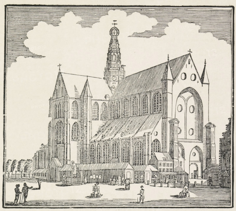 New Year's Greeting, by Your Honor, Servants of the City Trumpeters, 1850, New Year's greeting of the city trumpeters of Haarlem for the year 1850, print, New Year's greeting, New Year's greeting of the Haarlem tower watchmen (city trumpeters) for the year 1850. View of the Grote Markt in Haarlem with a tower watchman on the tower of St. Bavo. With a verse in two columns., printmaker, Haarlem, paper, letterpress printing, woodcut, woodcut with text in letterpress, height 427 mm x width 344 mm, street, church (exterior), tower sentry, St. Bavo Church (Haarlem), Period, A detailed ink drawing of a large Gothic cathedral with tall pointed towers, arched windows, and steeply pitched roofs; a central ornate spire rises above the building, and decorative circular openings appear on one façade; smaller attached buildings and rooflines extend from the main structure, with a fenced area and a statue in front; people in period clothing walk and gather in the open square before the cathedral, and...
