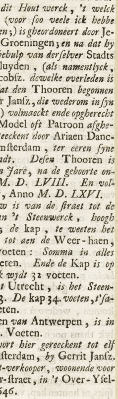 Description and history of the tower of the Oude Kerk in Amsterdam, text sheet, Reproduction of an advertisement from 1646 for a woodcut of the tower of the Oude Kerk by Ariaen Danckerts, published by the bookseller and print seller Gerrit Jansz in Amsterdam., writer (clerical worker): Isaac Le Long, Amsterdam, publisher: Johannes van Septeren (I), 1729, writer (clerical worker), paper, letterpress printing, text in letterpress on recto and verso, pasted-on upper section, height 177 mm x width 66 mm, Part of pages 521 (right column) and 522 (left column) of: Isaak Le Long. Historische beschryvinge van de reformatie der stadt Amsterdam. Amsterdam: Johannes (I) van Septeren, 1729., advertisement, notice, Oude Kerk (Amsterdam), A vertical cropped photograph of an aged printed page showing dense lines of serif text in a historic typeface on yellowed paper with uneven ink; the text appears in narrow columns with varied word spacing and occasional italicized or stylized letters, and the pape...