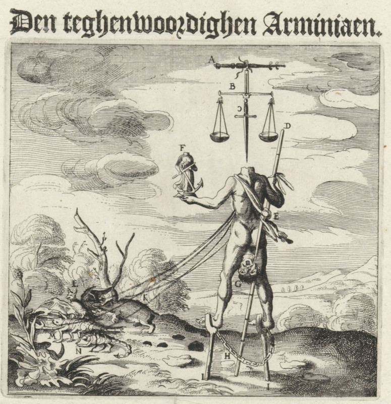 Caricature of the Arminians, The Present Arminian, cartoon, print, Caricature of the Arminians (Remonstrants). A decapitated man walks with his head between his legs, with chained legs on crutches and guided by a scorpion, lobster, bat, and mole. Above the neck are symbols of worldly justice. Printed on the sheet below the plate is a verse and the legend AN in 2 columns in Dutch., printmaker: Claes Jansz. Visscher (II), publisher: Cornelis Willemsz Blaeu-Laken, Amsterdam, writer (clerical worker): David Ronsaeus, 1623, writer (clerical worker), paper, etching, letterpress printing, etching with letterpress text, height 346 mm x width 283 mm, landscapes, violent death, being killed, being mishandled and maltreated, seeking death, A detailed black and white engraving shows a headless male figure standing on stilts with a staff across his back and a chain draped between the stilts, his head held upside down near his waist; above him a set of scales hangs suspended from a horizontal rod wi...