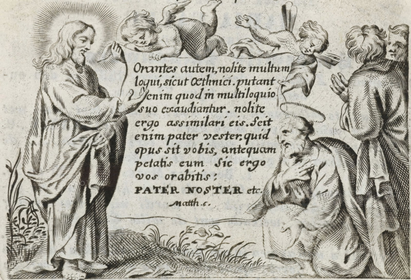 Christ teaching the disciples, print, prayer card, Christ stands in a landscape and makes a speaking gesture. On the right, two disciples listening to him. In the center, two angels hold a cloth with a Latin Bible verse from Matt. 6. On the verso, a prayer card for Maria Calff, who died in Zwaluwe in 1835., printmaker: Cornelis Galle (II), Antwerp, publisher: Henri Leys (baron), 1638 - 1678, 1835, paper, engraving, letterpress printing, engraving with text in letterpress on the verso, height 65 mm x width 88 mm, Christ preaching in the open, A monochrome engraving shows a robed standing figure with long hair and a beard, a radiant halo around the head, gesturing with one hand toward kneeling figures on the right; two cherubic winged children hover above, one leaning on a scroll and the other reaching toward the kneeling group; an elderly kneeling man with a beard and a faint halo clasps his chest while two standing figures behind him hold hands together in a prayerful pose; drapery fol...