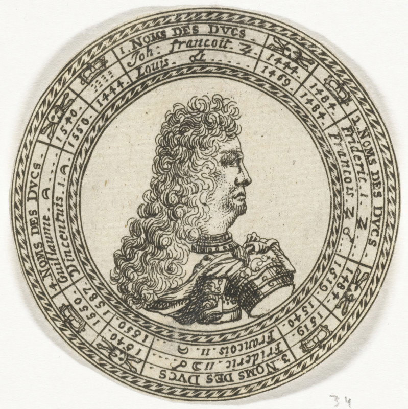 Coin with the portrait of Ferdinand Charles III and the names of the Dukes of Mantua, print, Design of a round coin with, in three concentric circles, the names of the Dukes of Mantua and their years of reign, starting with Gianfrancesco I and ending with Duke Vincenzo I. In the center of the coin the portrait of Duke Ferdinand Charles III., number: '35', after design by Nicolas Chevalier, Amsterdam, 1685 - 1708, printmaker, paper, etching, diameter 70 mm, Person, Ferdinand Charles (Duke of Mantua), king, seal (symbol of sovereignty), An engraved circular medallion featuring a profile portrait of a man facing right with long curly hair and facial hair, wearing ornate armor and a decorative collar, surrounded by multiple concentric decorative borders with repeating rope-like patterns and segmented rings that contain small symbols and pictorial elements; the paper shows a slightly aged texture and faint speckling.