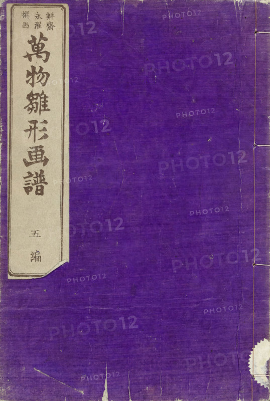 Album with examples of all things - 5, Banbutsu hinagata gafu, book, Volume five (of five), purple cover, title strip top left, yellow wrapper, title page, 21 leaves, numbered: one leaf of calligraphy, 1-20, illustrations of persons, gods, landscapes and ornaments, last page of colophon., printmaker: Kobayashi Eitaku, Tokyo, block cutter: Otsuka Tetsugoro, publisher: Etô Kibei, 1882-02, Kanto, paper, woodcut, height 223 mm x width 150 mm, A worn book cover in a deep purple color with visible creases, scuffs, and areas of fading and discoloration, showing a vertical rectangular beige label along the left edge with dark ink brush strokes forming vertical marks, and a narrow dark border around the label; the cover has stitched binding along the right edge with thread visible at intervals and a scalloped circular paper seal partially visible near the lower right corner, while the surface shows small spots, scratches, and thin vertical and diagonal tears, including a folded corner on the lo...