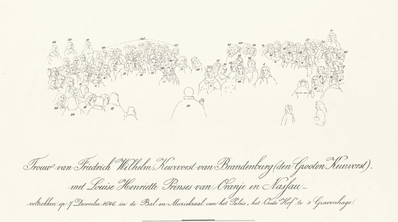 Marriage of Frederick William Elector of Brandenburg (the Great Elector), with Louise Henriette Princess of Orange and Nassau - solemnized on 7 December 1646 in the Ballroom and Music Hall of the Palace 'Het Oude Hof' in The Hague, Marriage of Princess Louise Henriëtte with Frederick William, Elector of Brandenburg, 1646, reproduction, historical object representation, The marriage of Princess Louise Henriëtte, Princess of Orange with Frederick William, on 7 December 1646 in the Palace Het Oude Hof (Paleis Noordeinde) in The Hague. Sketch with legend 1-71 of the persons depicted in the painting of the wedding by Jan Mijtens. This reproduction is accompanied by a photograph of the painting., printmaker, after painting by, Netherlands, paper, collotype, photogravure, height 575 mm x width 384 mm, The painting is in the collection of the Musée des Beaux-Arts de Rennes, Rennes. Mentioned at the bottom: Compiled in February 1903 at the House Archives and Library of Her Majesty the Queen, Pe...